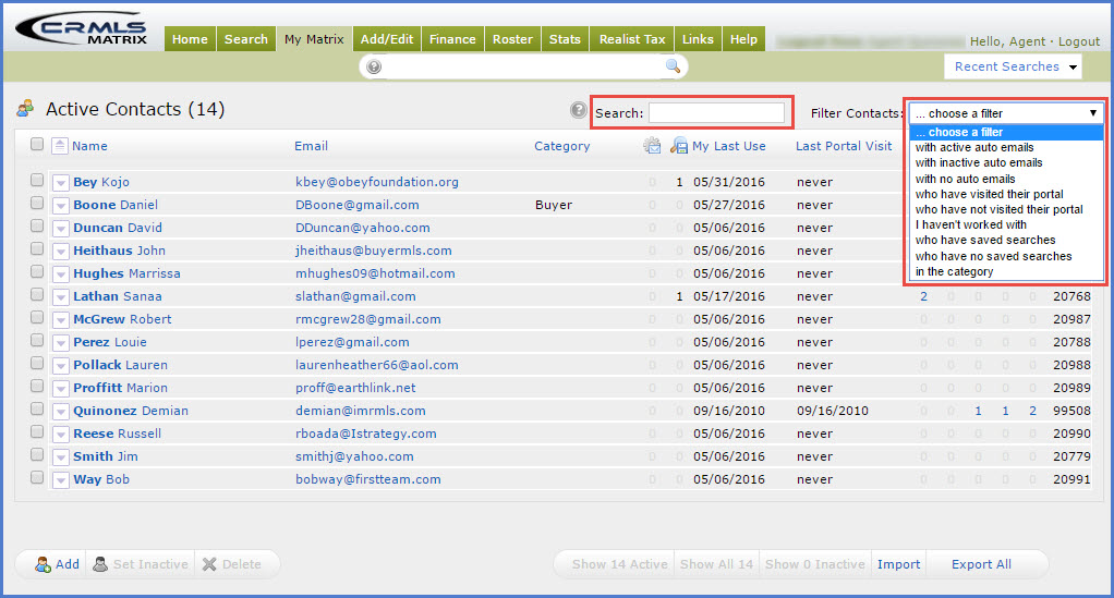 Matrix how to manage contacts with filters crmls knowledgebase
